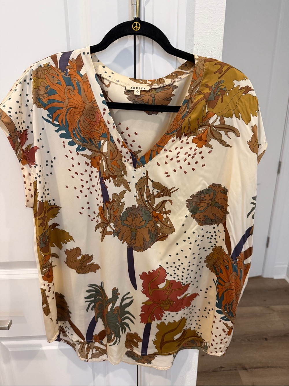 JODIFL Cream Floral V-Neck Top with Rust, Mustard & Teal Accents
